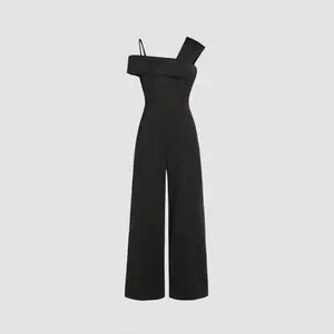 Cider [2 colors, size 2-26] Satin Solid Off-shoulder Asymmetrical Stitch Jumpsuit