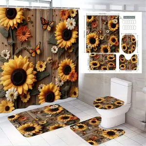 1/4pcs Sunflower Rustic Bathroom Accessories Set Shower Curtain + 2 Bath Mats + Toilet Seat Cover, Country Nature Floral Yellow Orange Pattern, Perfect for Spring Summer Decor, Farmhouse Style Home Gift