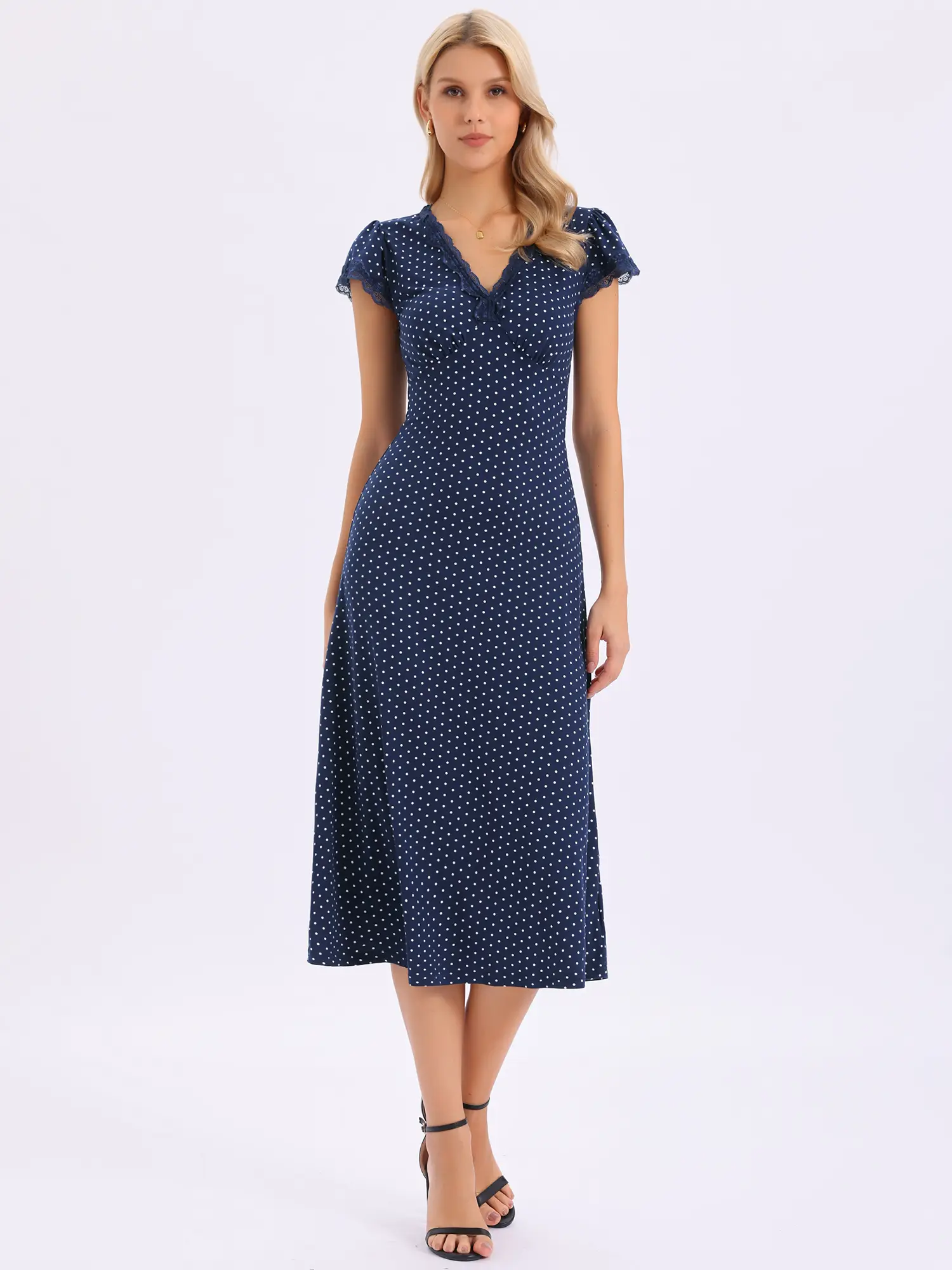 INSPIRE CHIC Polka Dots Dress Women's 1950s Vintage Lace Trim V Neck Casual Midi Dresses Navy Blue