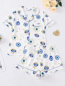 Women's Two-Piece Pajama Set, Casual Comfortable Lapel Pocket Shirt Short Sleeve + Elastic Waist Shorts, All-Season Sleepwear