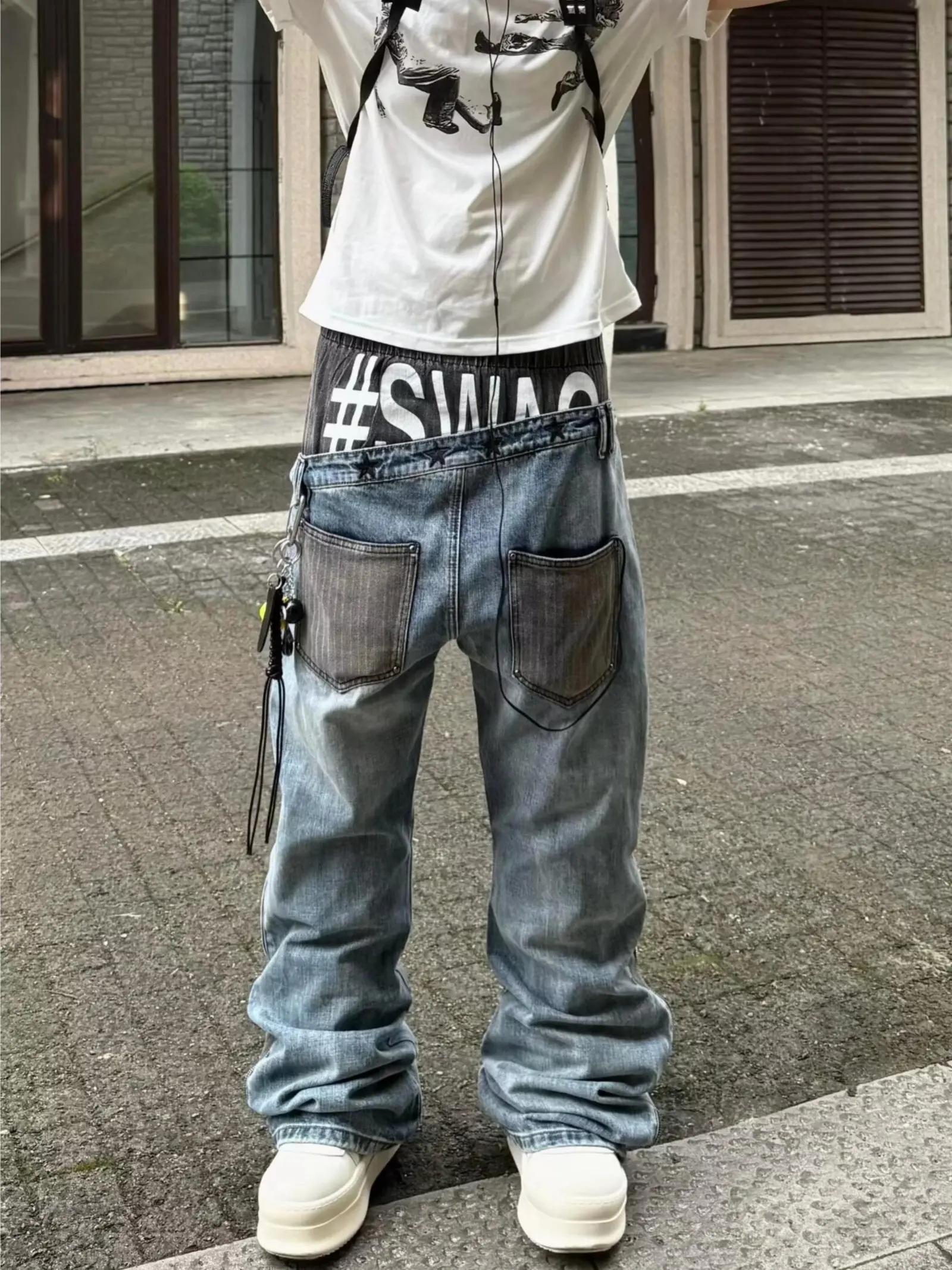 Men High Cotton Double Waistband Baggy Jeans, Vintage Washed Contrast Pocket Wide Leg Denim Pants, Y2K Hip Hop Streetwear Layer Waist Loose Stacked Trousers