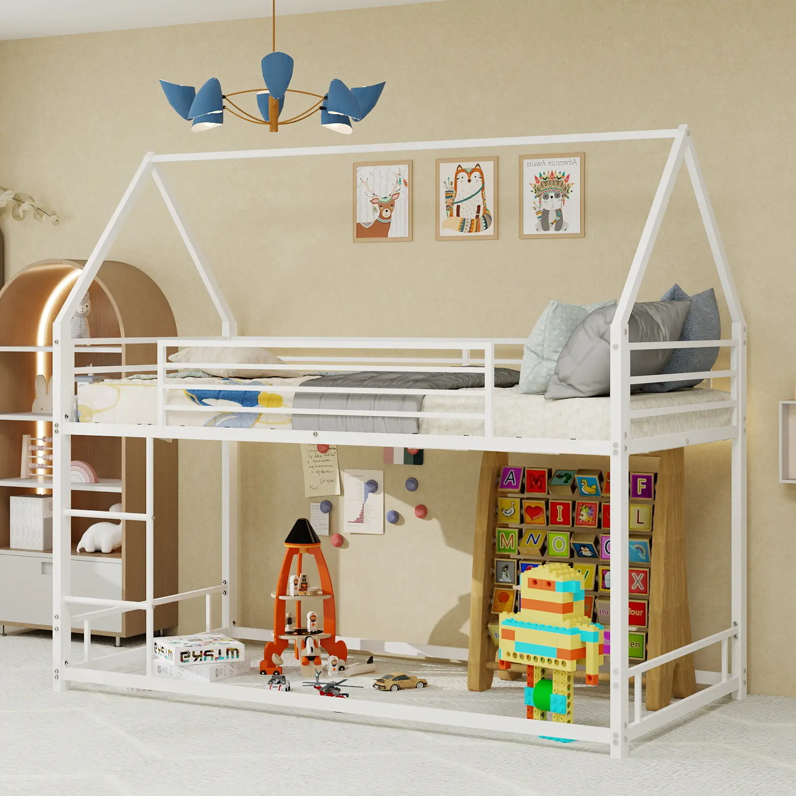 Twin Size White Metal House Shape Loft Bed with Sturdy Frame, Space-Saving Playhouse Design for Kids' Bedroom, Durable Steel Construction, Fun and Functional Children's Furniture, Easy Assembly, Bedroom Furniture for Bedroom, Guest Room