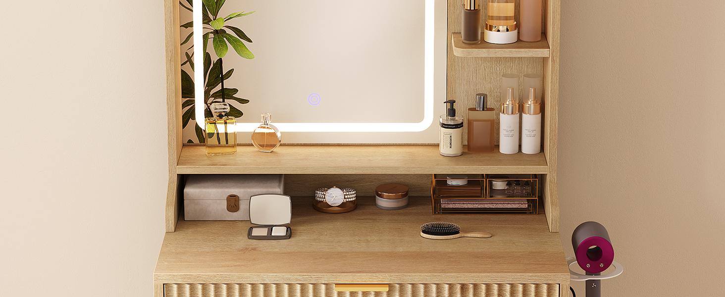 Sikaic Small Vanity Desk with Mirror and Lights, Sound Sync LED Lights, Fluted Wood Compact Makeup Vanity Table Set with Teddy Fleece Chair, Storage Drawer, Shelves, Bedroom