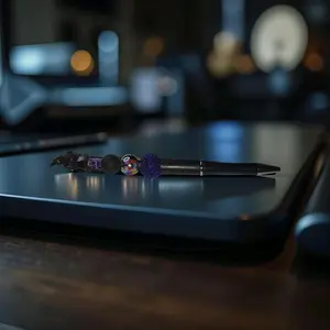 The Raven and the Purple Skull Writing Pen Gothic Inspired Beaded Design with Unique Beads and Comfortable Black Barrel Includes Six Free Refills