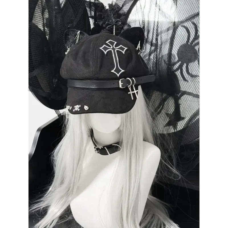 Cat ear hat, cross, spicy girl, punk subculture, cute kitten hat, beret, y2k