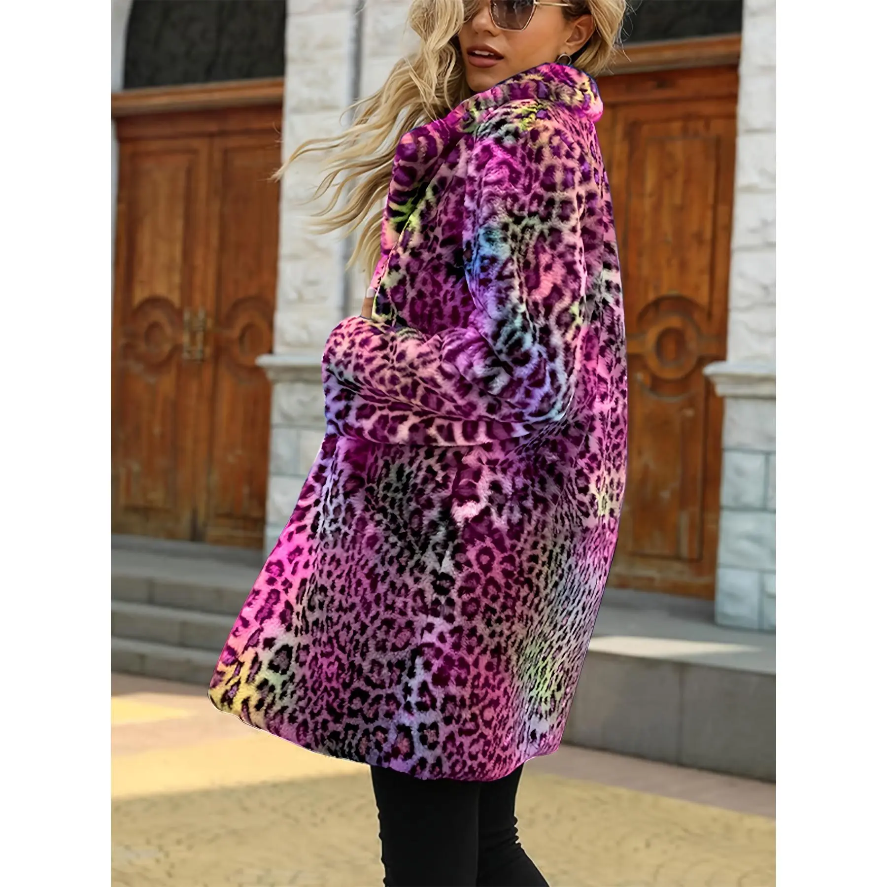 Elegant Leopard Print Coat, Women's Plush Faux Fur Knit Winter Outerwear with a Button-Front and Pockets, Clothes, Fabric, No Elasticity