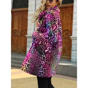 Women's Winter Leopard Print Plush Faux Fur Coat - Elegant Button Front with Pockets, Machine Washable, Blue/Black & Pink/Black Options for Casual & Formal Outfits, Leopard Print Coat, Furlike Texture, Durable Outdoor Wear