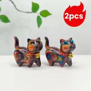 2Pcs Rainbow Wood Carved Cat Figurines with Bell, Cute Kitten Desk Decor, Mini Home Ornament Gift