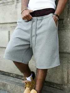 Men's Oversized Baggy Sweat Shorts, Gym Sports Shorts, Grey Casual Athletic Shorts with Contrast Plaid Waistband, Drawstring Waist & Side Pockets, Soft French Terry Fabric, Daily Wear, Weekend Hangouts & Gym, Ideal for Street Style Enthusiasts