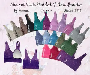 Zenana Ribbed Cropped Stone Washed V Neck PADDED Tank Top Brami Bralette 6275, Many colors, Casual Basic Comfort Style Womenswear