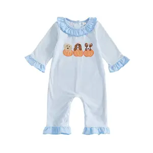 Infant Baby Girl Halloween Outfit Long Sleeve Pajamas Romper Pumpkin Embroidery Striped Ruffles Flared Jumpsuit