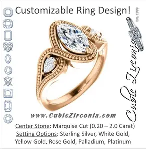 Cubic Zirconia Engagement Ring- The Nainika (Customizable 3-stone Marquise Cut Design with Pear Accents and Filigreed Split Band)