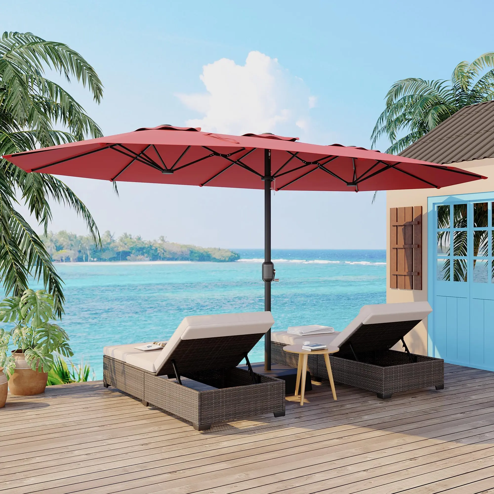 YJ-Garvee 15Ft Double-Sided Patio Umbrella, Large Outdoor Market Umbrella with Base Included, Rectangular Table Umbrella for Poolside, Lawn, Backyard (Red)
