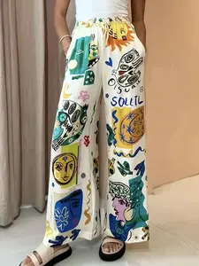 Women's All Over Print Pocket Wide Leg Pants, Boho Casual Elastic Waist Trousers for Daily Wear Vacation Holiday, Ladies Bottoms for All Seasons