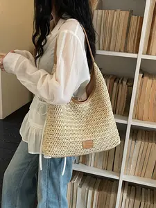 Rattan Patchwork Underarm Tote Bag, Slouchy Tote Bag, Vintage Lazy Vacation Style, Leather Strap Large Capacity Shoulder Bag, Women's Summer Beach Bag
