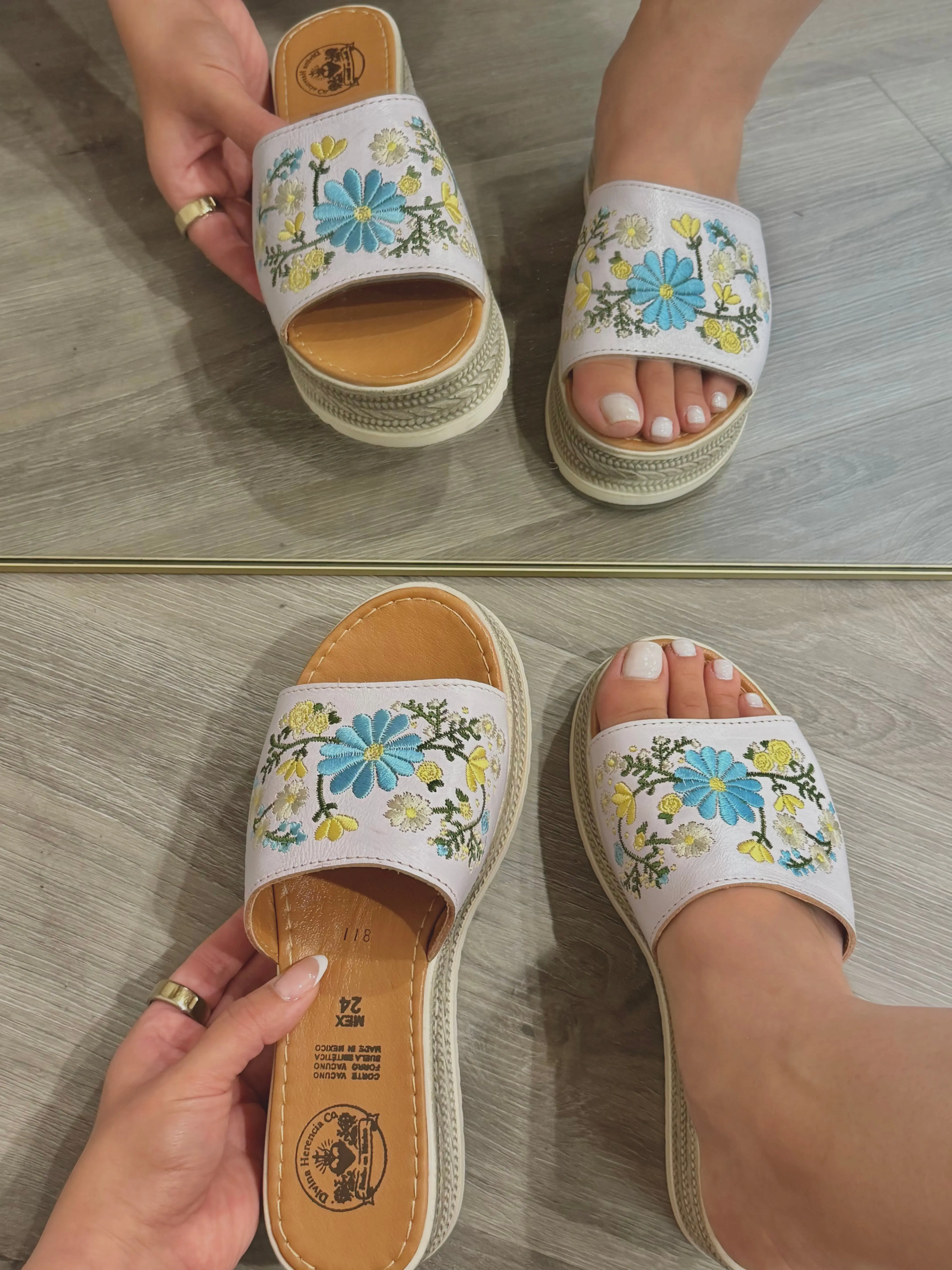 Sol y Mar Floral Embroidered White Leather Platform Huaraches