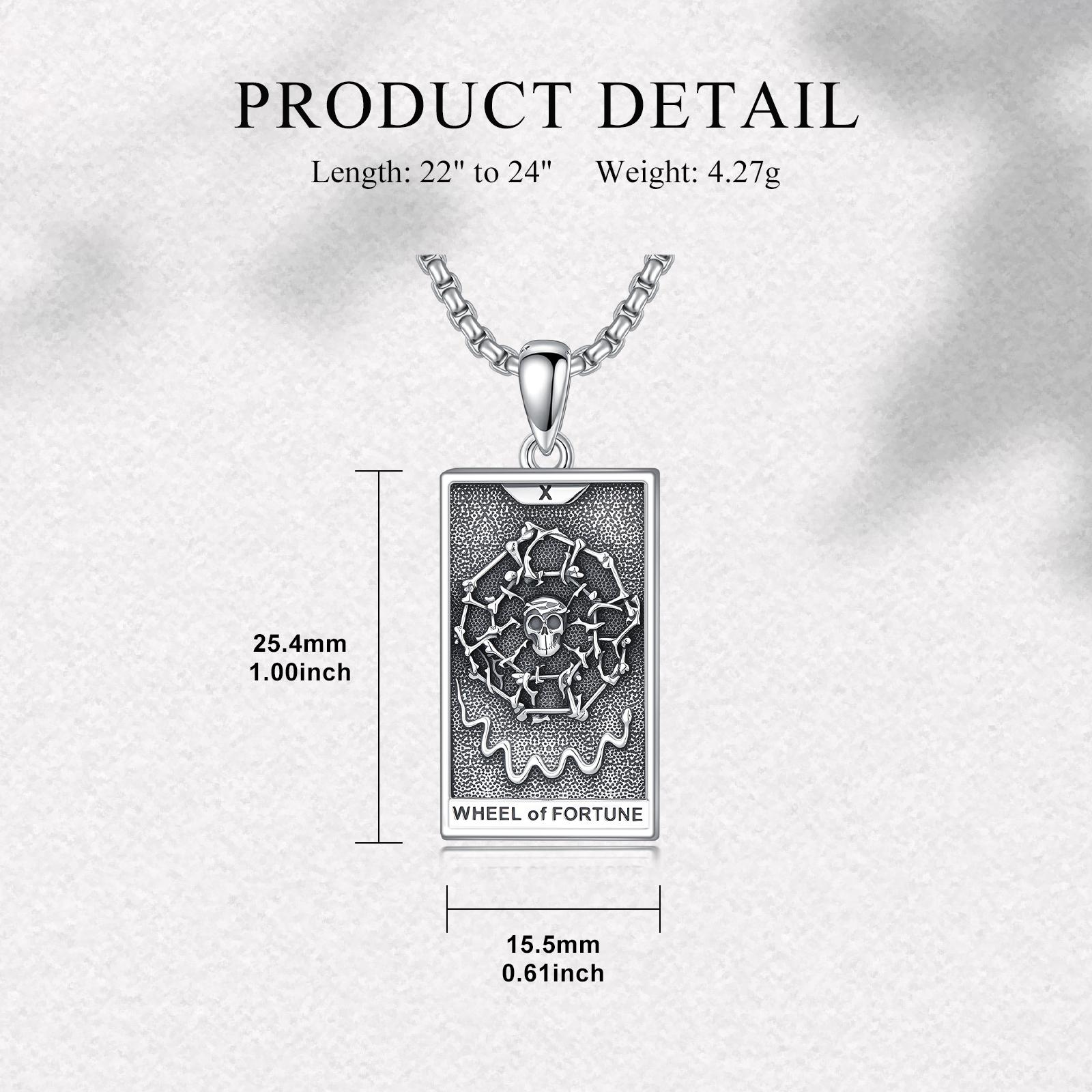 MEIDERBO Dream Chaser Wheel of Fortune Necklace 925 Sterling Silver Oxidized Finish Tarot Pendant Stainless Steel Bead Chain 22+2 Inch Bella Chain Lucky Jewelry