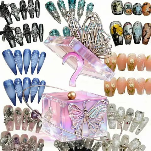 Women's 20-Set Handmade Press On Nail Sets - Surprise Blind Box for Unboxing, Reusable Abstract Iridescent Decorative Nail Care Accessory with Selectable S/M/L Sizes