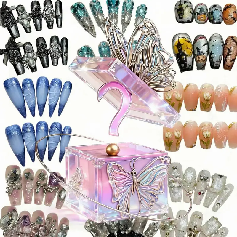 Women's 20-Set Handmade Press On Nail Sets - Surprise Blind Box for Unboxing, Reusable Abstract Iridescent Decorative Nail Care Accessory with Selectable S/M/L Sizes