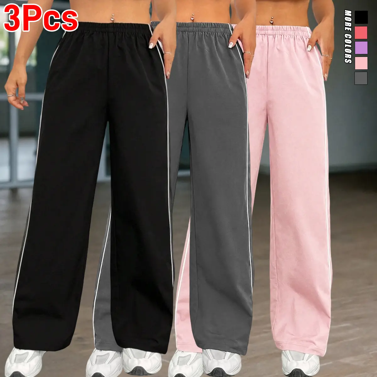 Women’s wide-leg pants set of 3, classic slanted pockets, lightweight and comfortable, elegant style, perfect for spring and autumn. casual daily wear pant