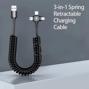 New Three-In-One Spring Design Super Fast Charging Cable for iPhone Micro Type-C Xiaomi Samsung, Retractable USB Data Line