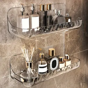 Acrylic Transparent Storage Rack Bathroom Wall Mounted Punch Free Cosmetic Storage Tray Makeup Organizer Bathroom Kitchen Shelf