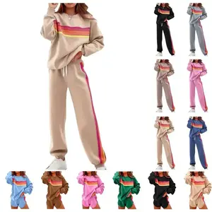 Casual set, suitable for women, rainbow striped sweatshirt, loose fit pants, color for gear, tight dress, casual wear, size lower than ankle, long sleeves, fashion fashion women's clothing, fitness