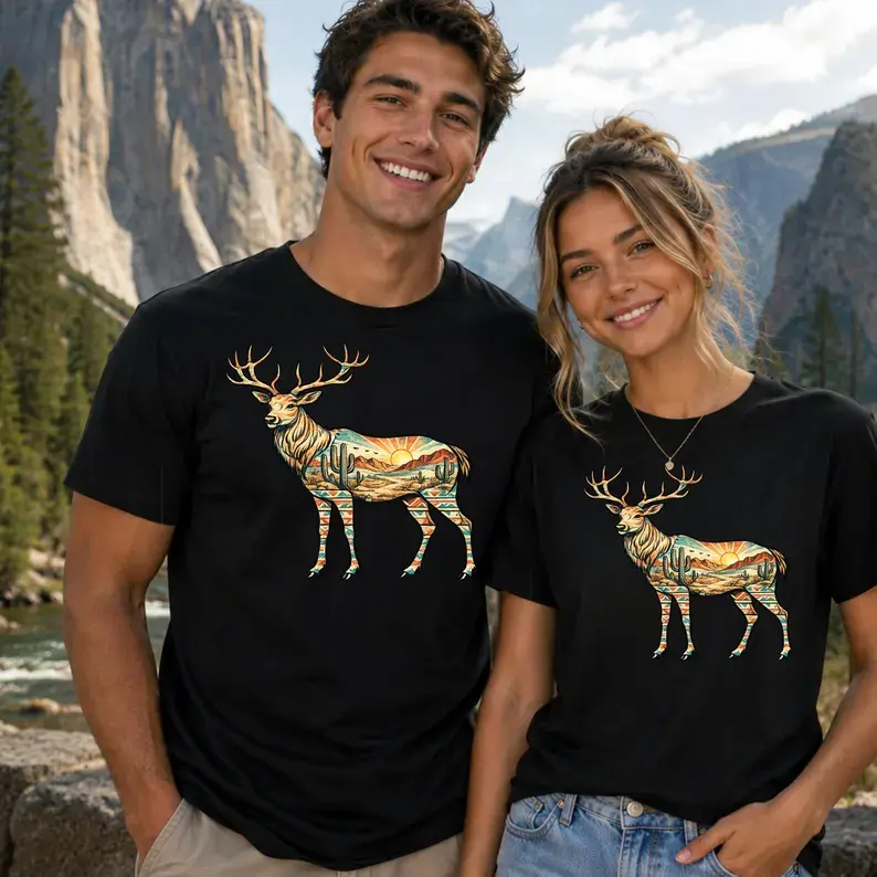 Men's Cotton Short-Sleeve T-Shirt (1pc) - Southwestern Boho Aztec Elk Print, Vintage Tribal Art Western Landscape, Menswear Tops