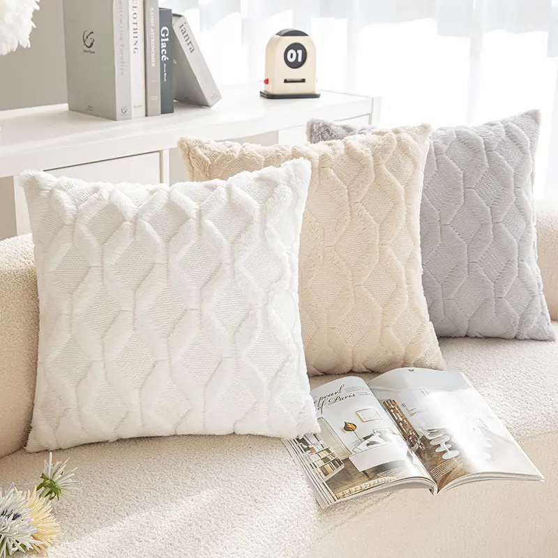 Embroidered Plush Quilted Pillowcase Solid Color Soft Decorative Bedside Office Cushion Lumbar Pillow PV Embroidered Cushion Cover