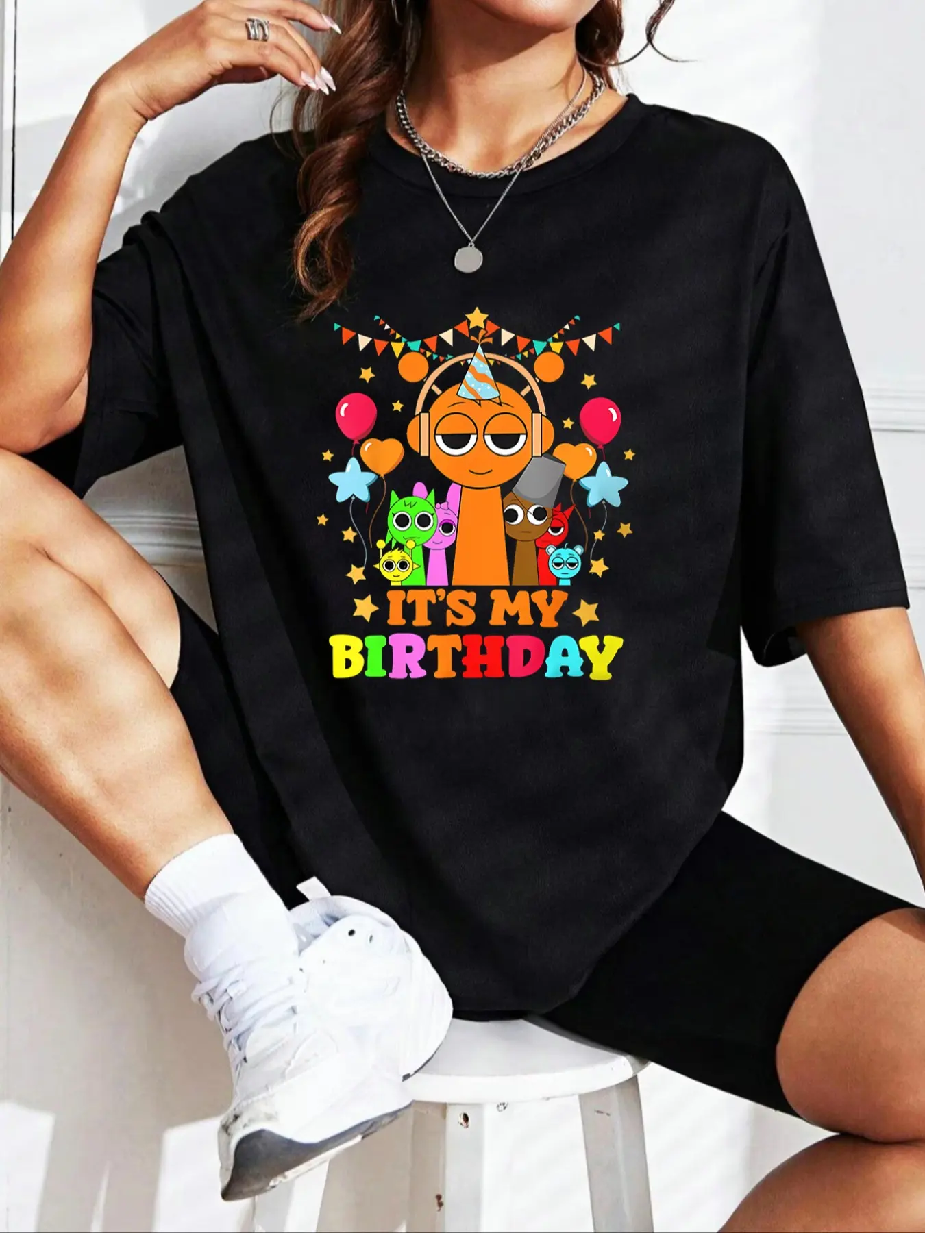 Women's Summer Casual Short Sleeve Knit T-Shirt, Fitted Design Comfortable Fashion Top, Sprunki Birthday Party Print Tee for Women