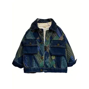 Girls' Polyester Long Sleeve Denim Coat - Folded Collar, 2 Chest Double Flap Pockets, Intricate Mixed Stripes, Patchwork, Button Closure, Playful Colorful Geometric Patterns, Casual Everyday Wear
