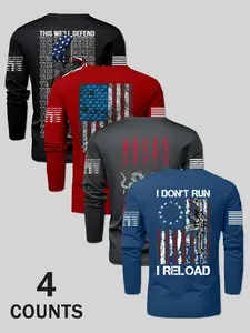 Men's Classic Crew Neck Long Sleeve T-Shirt, Flag Print Design, Spring & Fall Outdoor Casual Wear, Daily Versatile Style