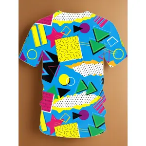 Men's 3D Digital Printed Short Sleeve Summer T-Shirt, Vibrant Memphis Style Abstract Geometric Pattern Tee, Bold Colorful Triangles Stars Circles, Retro 80s Pop Art Design, Lightweight Cool Breathable Polyester Fabric, Ideal for Daily Casual Wear A