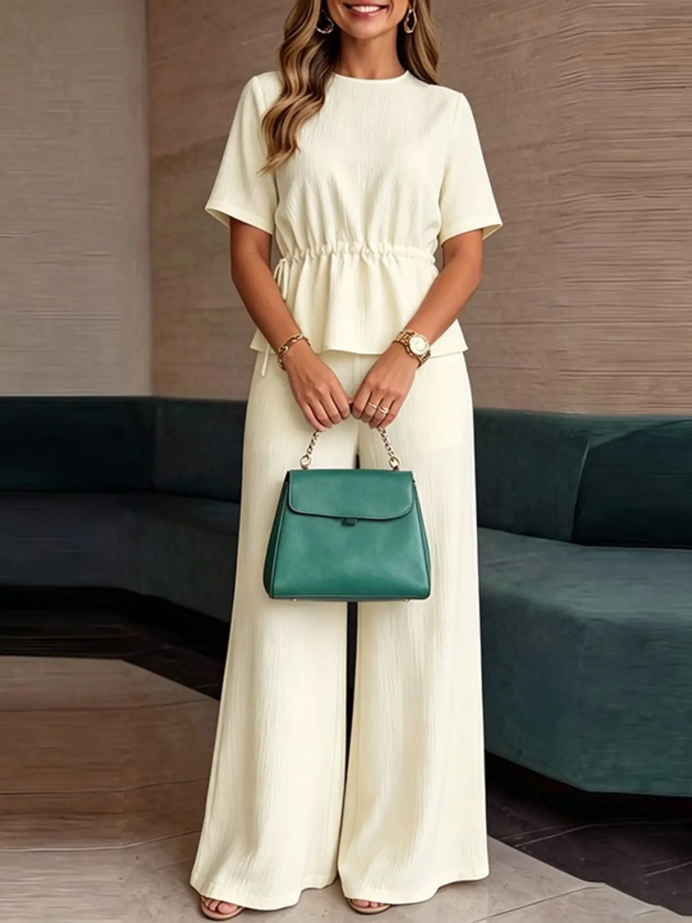 Women's Casual Minimalist Round Neck Short Sleeve Top and Wide Leg Loose Pants Two-Piece Set, Comfortable Without Pockets, Perfect for Daily Wear, Womenswear