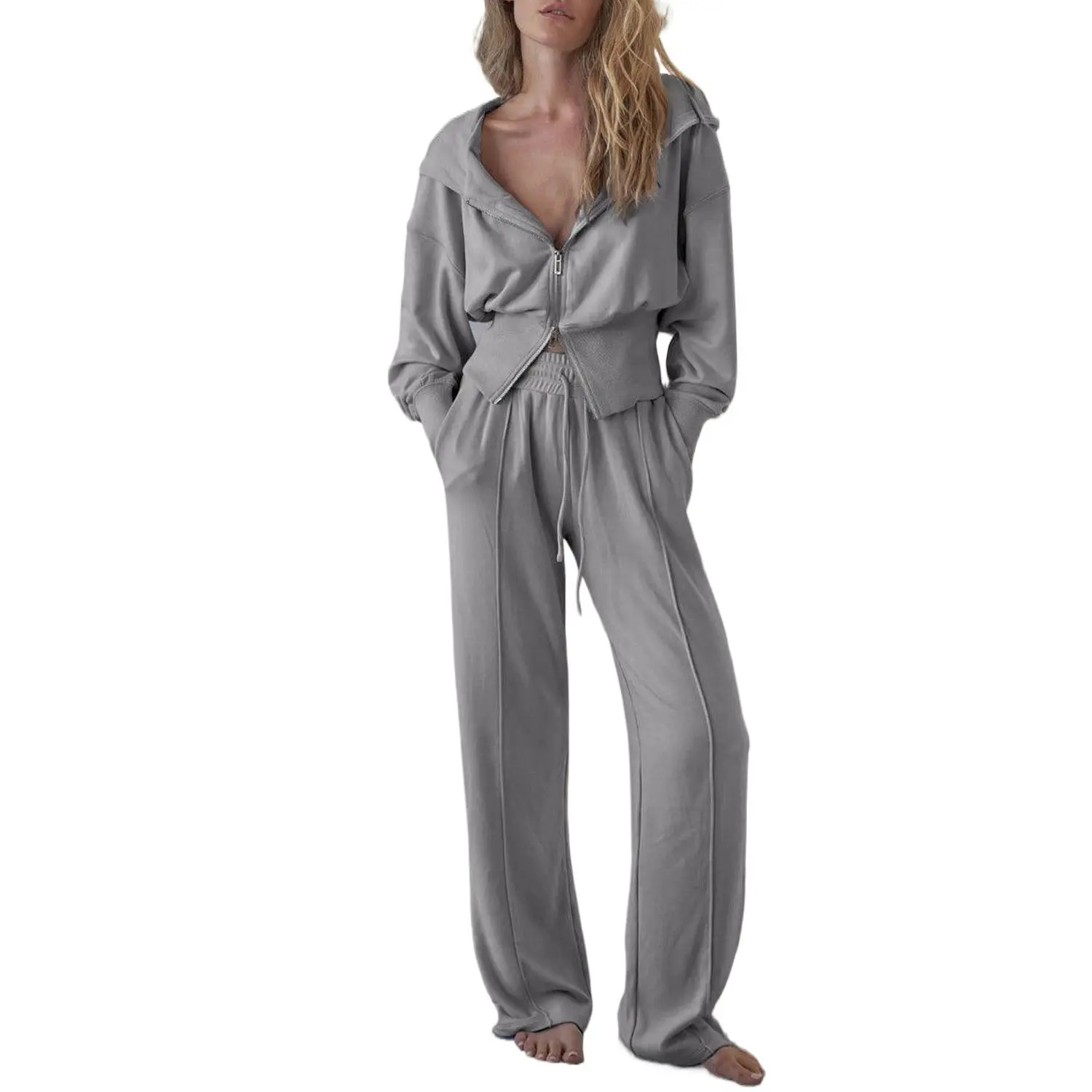 Women's Gray Double Zipper Hooded Jacket and Sweatpants Active Set for Daily Wear