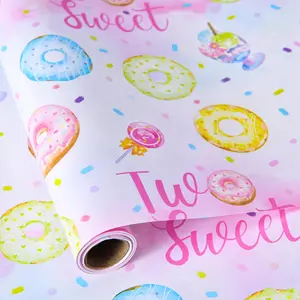 Two Sweet Birthday Wrapping Paper - 17 in x 16.4 ft - Donut & Candy  Wrap Roll for Girls 2nd Birthday, Sweet Theme Party Supplies(Sweet)