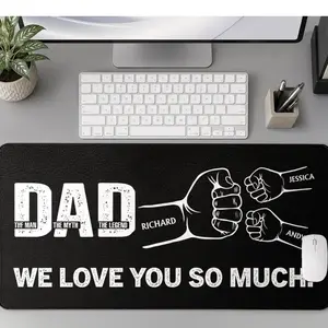 Dad The Man The Myth The Legend Hand Punch - Personalized Leather Desk Mat, Father's Day Gift For Husband, Dad Picture Desk Pad Mouse Mat