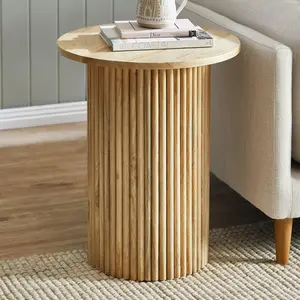 Solid Wood End Table Round 18'' D, Wooden Accent Drum End Table, Unique Oak Pedestal Side Table, Fully Assembled, for The Living Room and Bedroom