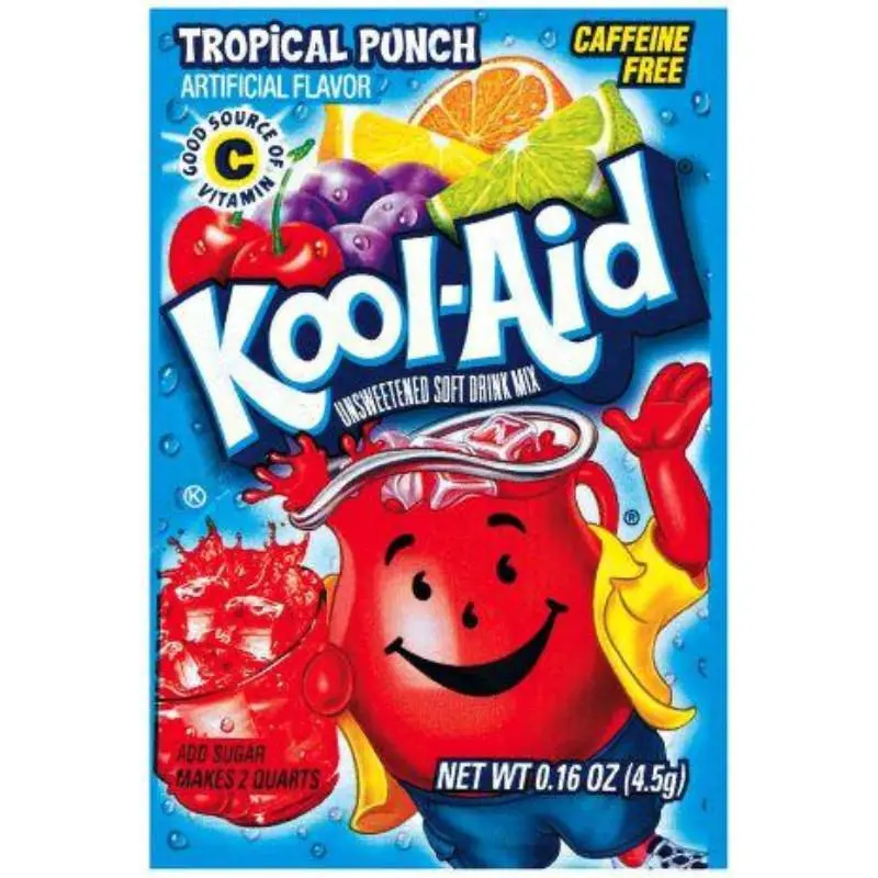 24-Pack Kool-Aid Tropical Punch Hydration Powder Packets - 0.13oz Fruity Mixed Caffeine-Free Fat-Free Instant Refreshing Beverage for All Ages