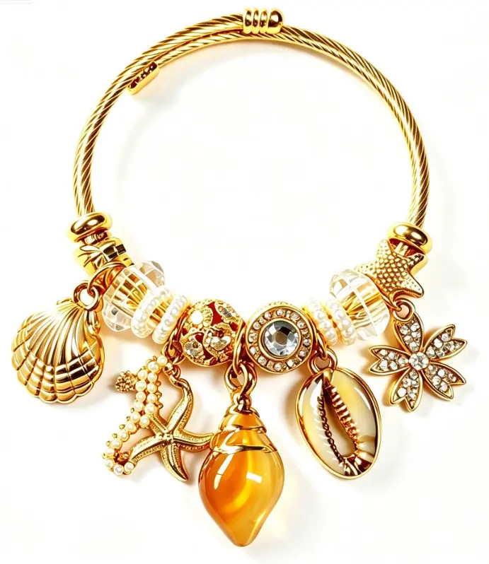 Ocean Beach Themed Twisted Wire Bangle, Gold Tone Seashell Starfish Conch Crystal Charm Bracelet, Adjustable Summer Wrist Jewelry Gift for Women Girls