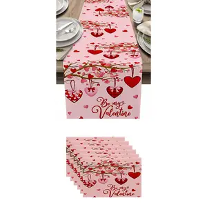 7pcs,Valentine's Day Table Runner Set, Heart Pillow & Placemat, Love Cloth Spring Holiday Farmhouse Decor for Home Kitchen Dining Room