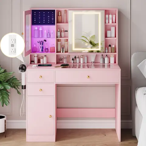 Glam Traditional Sturdy Rectangular Wood Dresser Cabinet LED Makeup Vanity Desk with Mirror, 10 LED Bulbs, 2 AC Outlets, 3 Drawers, 8 Storage Shelves, Adjustable Lighting, 15.62" x 43.30" x 55.90" - Small Space Dressing Room Organizer, Dorm Room Option