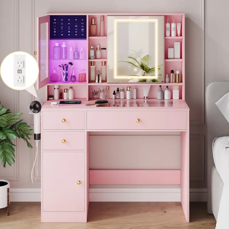Glam Traditional Sturdy Rectangular Wood Dresser Cabinet LED Makeup Vanity Desk with Mirror, 10 LED Bulbs, 2 AC Outlets, 3 Drawers, 8 Storage Shelves, Adjustable Lighting, 15.62" x 43.30" x 55.90" - Small Space Dressing Room Organizer, Dorm Room Option