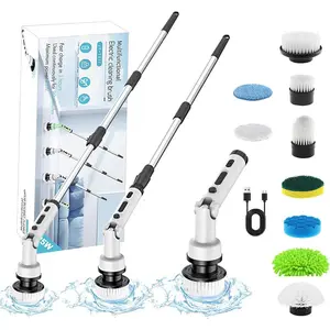 Electric Spin Scrubber, 1 Set Long Handle Electric Cleaning Brush with 6/9 Counts Replaceable Brush Heads, Cleaning Brush for Bathroom Tile Floor Tub, Rechargeable Spin Scrubber