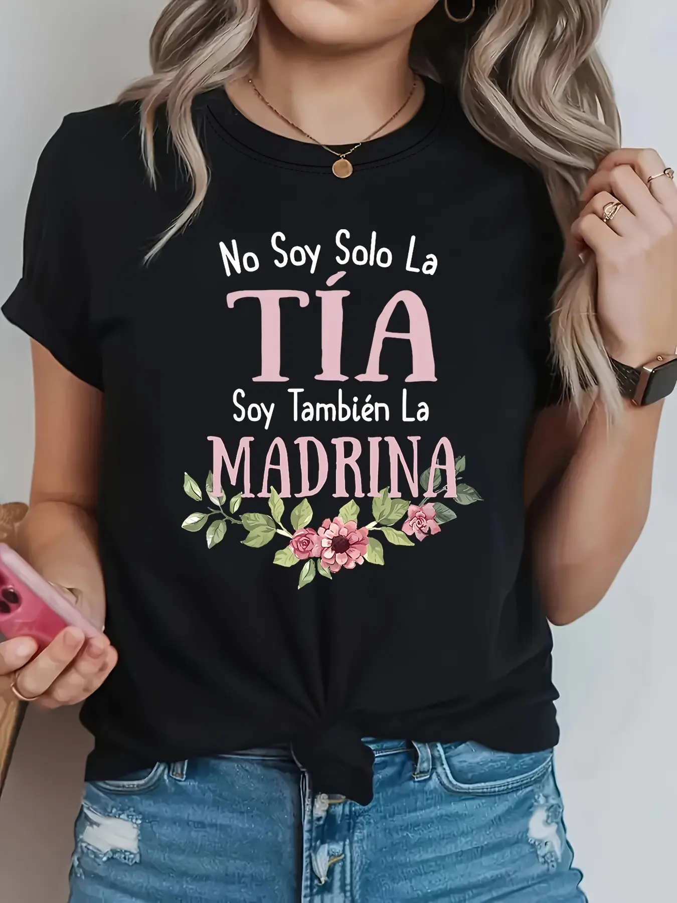 No Soy Solo La Tia Letter Print T-Shirt, Short Sle