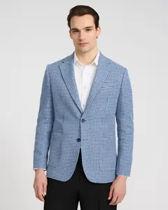 Express Classic Blue Houndstooth Linen-Blend Blazer