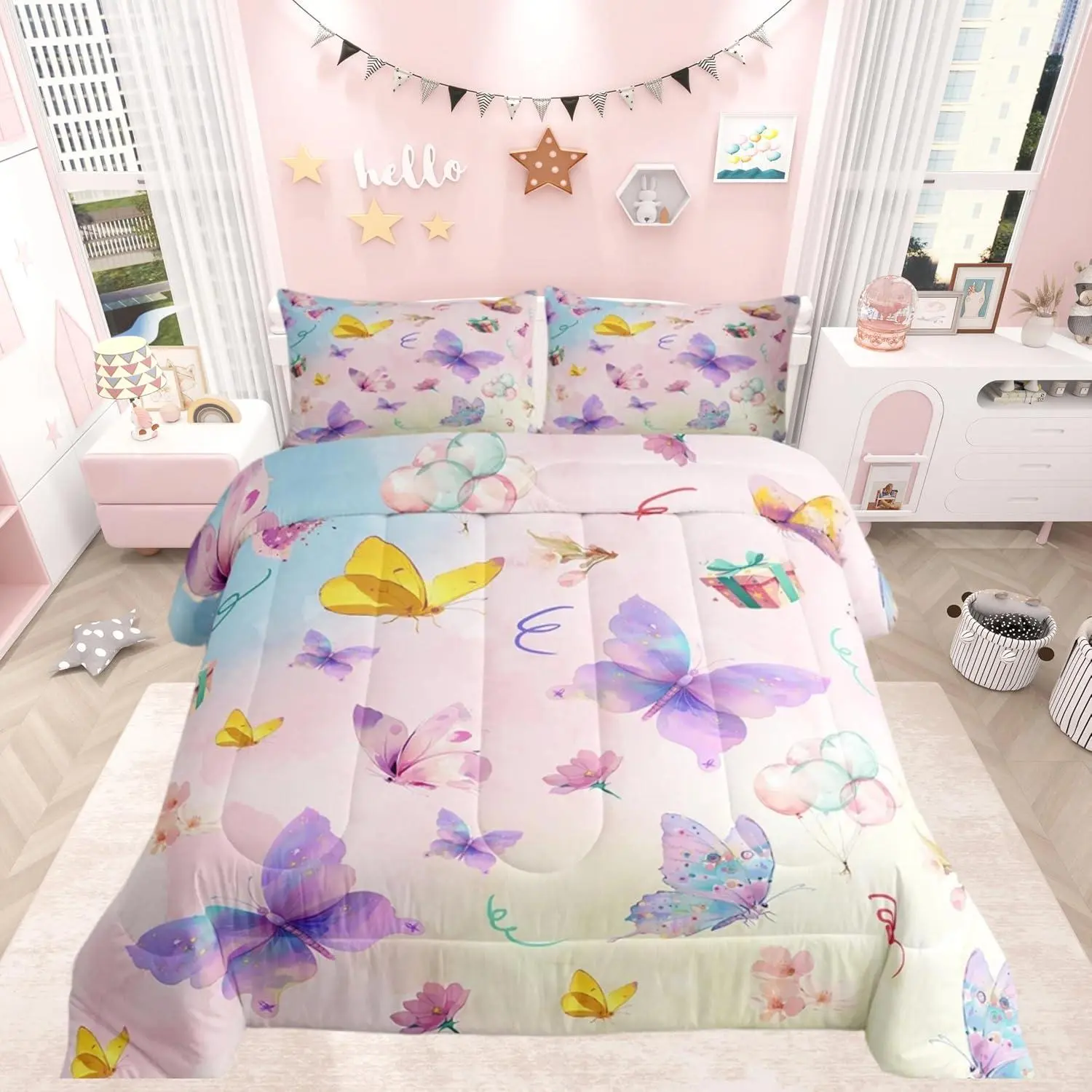 Butterfly Bedding Set Soft for Boys Girls,Girl Butterfly Floral Comforter Set Cute Duvet Quilt Microfiber Floral Bedroom Decor Light Pink Purple