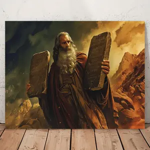1 Piece Wooden Frame Canvas Art - Moses and the Ten Commandments Religious Wall Decoration, Suitable for Home, Office or Classroom - 11.8inch x 15.7inch Dramatic Scene of Holding Bible and Stone Tablet, Warm Tone Background, Indoor Use, Religious Wall Han