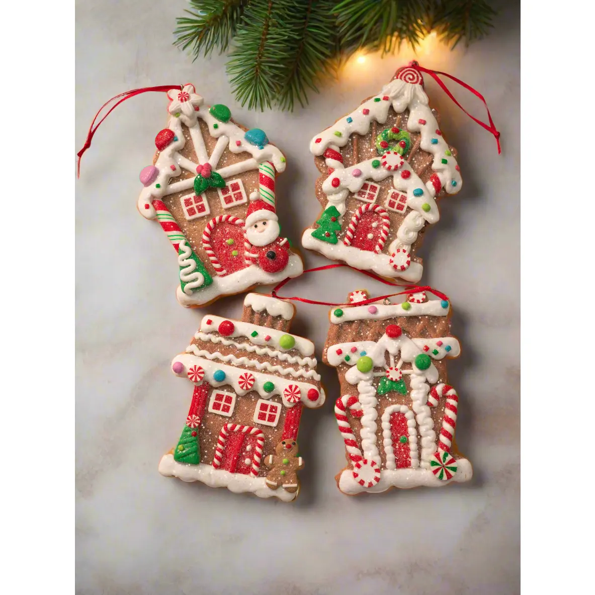 Flat Gingerbread House Ornaments with Santa & Candy Accents