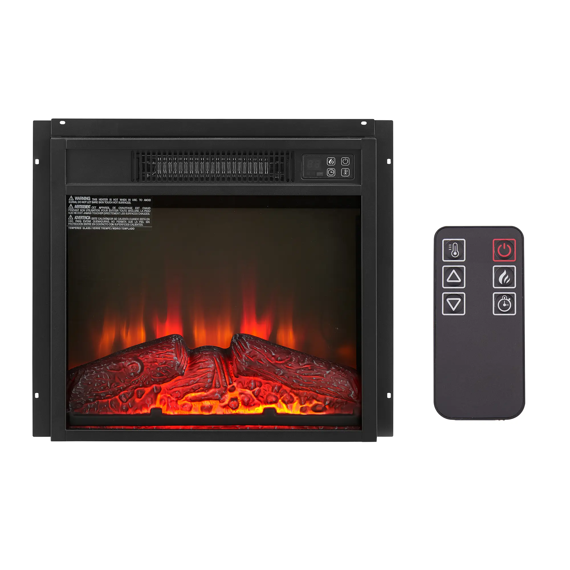18" Wall Insert Fireplace – Fits TV Stands or Fireplace Cabinets. Classic Black Glass Panel – Dancing Fireworks Flame. Energy Saving 1400W. 120V Plug-In